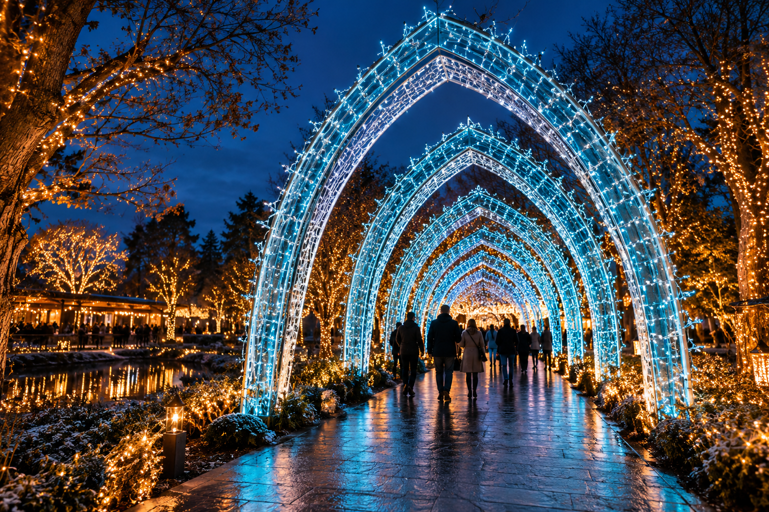 Guests exploring an illuminated outdoor attraction at dusk
